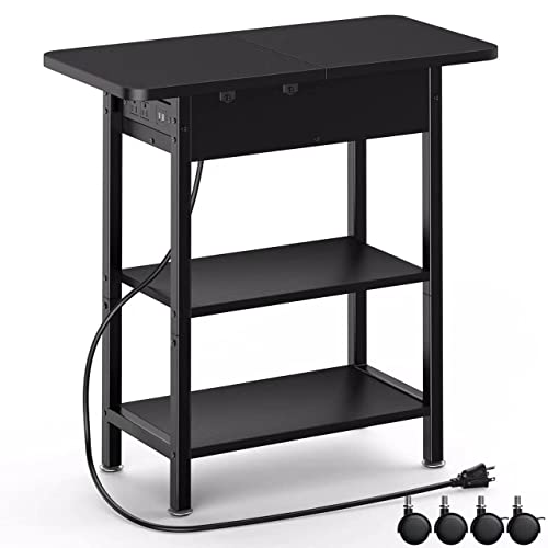 Yaabii End Table With Charging Station,Flip Top Side Table With Usb Ports And Outlets,Nightstand For Small Spaces,Bedside Tables With Storage Shelf For Living Room,Bedroom,Black #TOP2