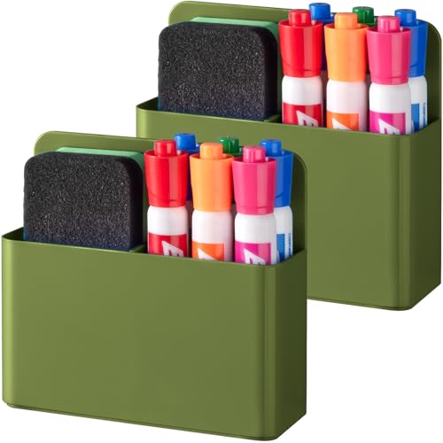 BEYGORM 2 Pack Plastic Magnetic Pen Holder for Refrigerator, Dry Erase Marker Holder for Whiteboard，Magnet School Locker Organizer Accessories, Pencil Cup, Pen Caddy (Army Green)