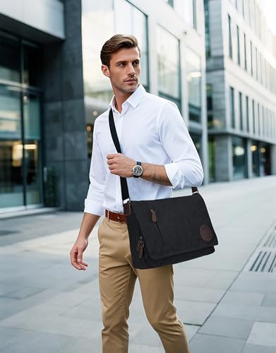 Leathario Umhängetasche Herren 15,6 Zoll, Messenger Bag aus Echtleder und Canvas, Arbeitstasche Studententasche Laptoptasche Zoll Schultertasche Kuriertasche Collegetasche Uni Studenten,Arbeit Schwarz