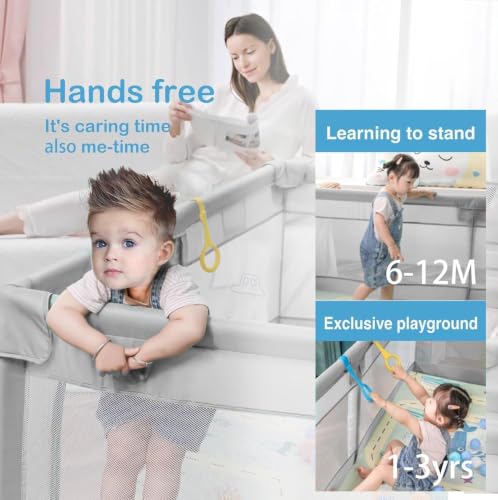 Image of MONSTECH Large Baby Playpen 150x180cm Pit Balls Playpen for Baby up to 5 Years with Anti-Fall Rings, Safety Lock, Breathable Mesh, Kids Activity Center Play Pen (Large-GreyPrint)