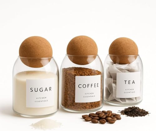 Livabl Tea Coffee and Sugar Canisters Set 3 x 500ml Cork Lid Glass Jars