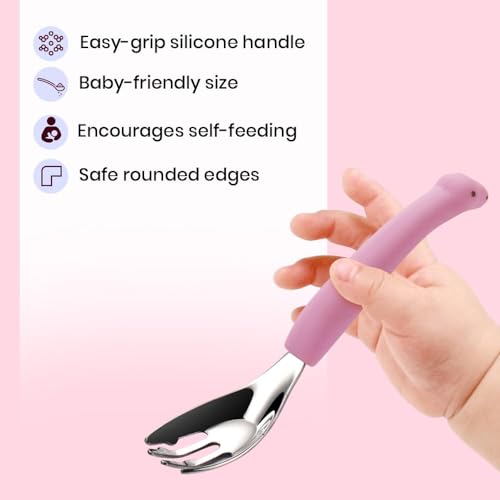 Image of Baby Spoon and Fork Set, Purple Silicone Toddler Cutlery Set with Dinosaur Case, 2 Pc, Self Feeding Utensils for Baby Meals School and Travel, Mealtime Essential