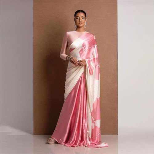 Image of Japan Satin Floral Print Saree for Women with Blouse Piece - Satin Finish Draped Saree