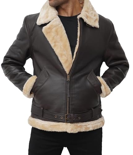 Image of fjackets Shearling Leather Coat Men - Real Lambskin Leather Jackets Mens Sherpa Lined Winter Casual Fur Coats Outerwear