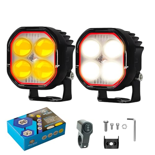 Image of 4 Lens LED Fog Light for Bike, Scooter & Car | Waterproof Spotlight with High /Low Beam, 12-80V Universal Fit, Dual Color (Yellow & White) - Pack of 2