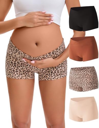 INNERSY Umstandsunterhosen Damen V-Form Schwangerschafts Boxershorts 4 Pack | Schwangerschaftsunterwäsche Niedrige Taille, 100% Baumwolle Schritt, Wochenbett Unterwäsche, Umstands