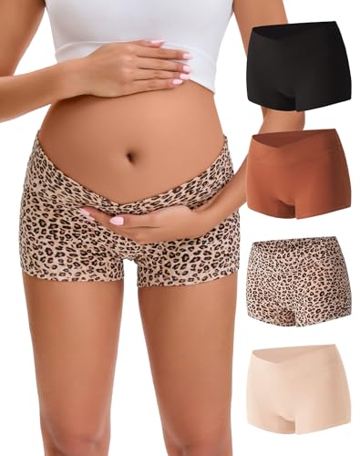 INNERSY Umstands Unterhosen Damen Schwangerschafts Unterwäsche Baumwolle Umstandsmode Mehrpack 4 (L, Schwarz/Rotbraun/Beige/Leopard)