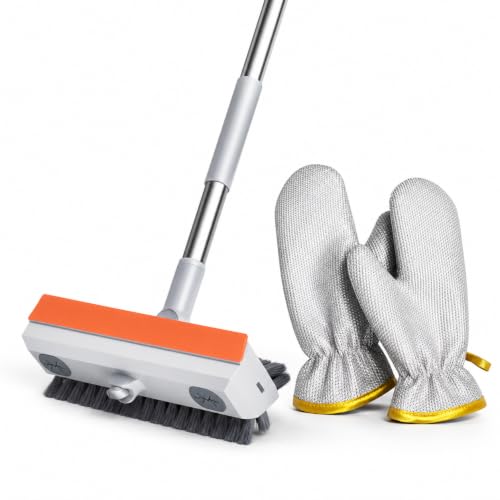 Image of 2 Set of Orange Bathroom Cleaning Brush with Wiper and (Aluminium Dishwashing Hand Glove), Cleaning Brush with Long Handle, Floor & Tiles Cleaner Brush, Bathroom Cleaning Accessories