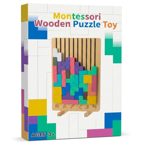 RHYZIA Montessori Brain Blocks Set with Board 42 Pieces + 20 Challenges (10 Double-Sided Cards) Montessori STEM Brain Game Gift-Ready with Storage Bag & Instruction Guide Storage Bag Ages 3+