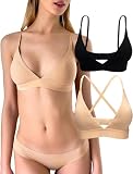 KUKU PANDA Pack de 2 Sujetadores Triángulo Mujer - Algodón Orgánico Sin Aros con Relleno Extraíble - Escote en V Moderno (Negro/Beige, Small