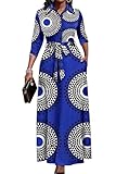 Runwind Women Maxi Button Down 3/4 Sleeves Print Dress Casual with Pockets and Belt Blue Flower XL
