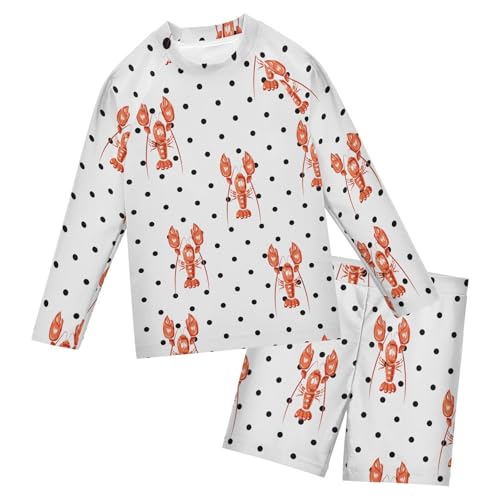 Aflyko Kids' Bathing Suit Set Lobster Polka Dot Long Sleeve Swim Tops with Shorts Summer Vacation Pool Party Rashguard Fun Cute Toddler Infant Beachwear, 4T