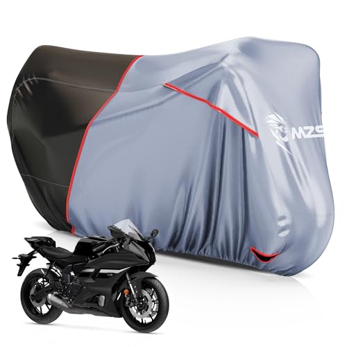 Image of MZS Motorcycle Cover Waterproof Outdoor, Heavy Duty All Season Weather Sun Protection with Storage Bag Vents Night Reflective Cotton Lining Lock Holes fits up to 86 inch Motorbikes Vehicle Covers