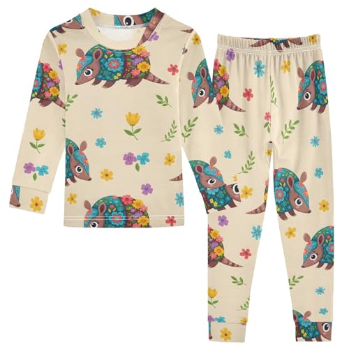 Pajama Sets Long Sleeve Armadillos Animal Floral Pattern Soft Comfy Sleepwear 2 Piece PJS 3-8T