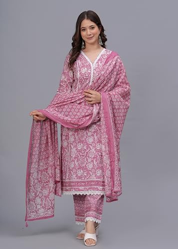 Image of Amayra Women's Pure Cotton Printed Straight Kurta Set with Palazzo Pants & Dupatta- Ethnic Wear