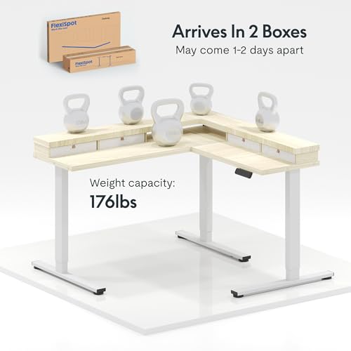 Image of FLEXISPOT 63 inch L Shaped Standing Desk with Shelf Electric Corner Table, Drawers, Adjustable Computer Workstation for Home, Office, 63x55in, Light Maple Top + White Frame