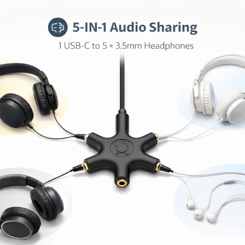 Image of Mizi USB-C Headphone Splitter 5-Way - Type-C to 3.5mm Audio Adapter with 1 Male to 5 Female Ports, Multi-Headphone Aux Splitter for Phone, Tablet, Laptop, PC - Black