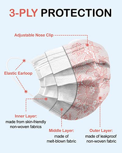 Microbeats Disposable Face Mask Individually Wrapped, 3 Layers Protection Decorative Masks With Fashion Lace Design Breathable Masks For Women 50 Pack #TOP1