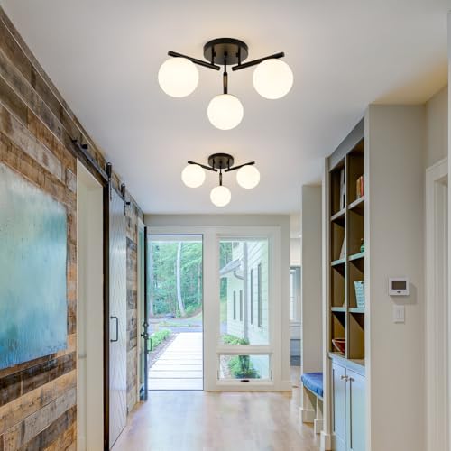 Image of 3 Light Modern Sputnik Semi Flush Mount Ceiling Light, Black Sputnik Ceiling Light Fixture, 21.65 '' Milky Glass Globe Mid Century Modern Ceiling Lights for Bedroom Hallway Living Room