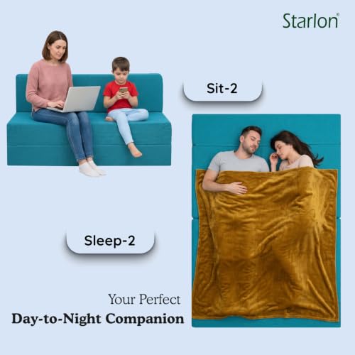 Image of Starlon 2 Seater Sofa Cum Bed Foldable 3-in-1 Sofa Bed with 1 Year Warranty, Washable Jute Fabric Cover & 2 Waves Pillows | Queen Size Guest Bed | Pre-Assembled Aqua Teal 4x6 Ft