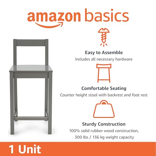 Image of Amazon Basics Wooden Counter Height Bar Stool with Backrest, 24 inch, Grey, 1 Unit