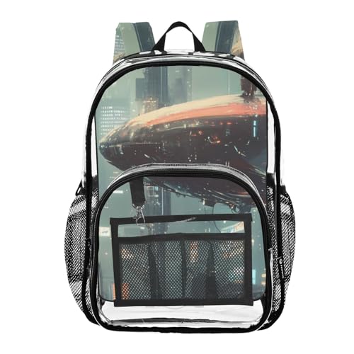 Whale Surreal City Clear Backpack, PVC Transparent Bag with Large Capacity for Boys, Girls, Men, Women, See Through Bookbag for School Work College Travel