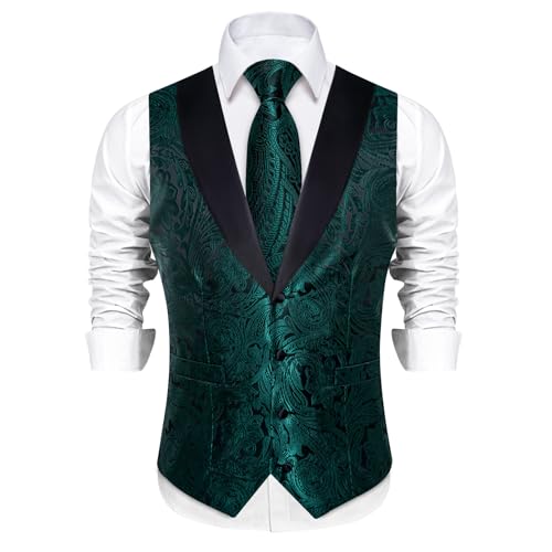 Image of DiBanGu Mens Paisley Suit Vest Silk Jacquard Waistcoat and Necktie Set Formal Shawl Collar Dress Vest 7PCS for Wedding Party