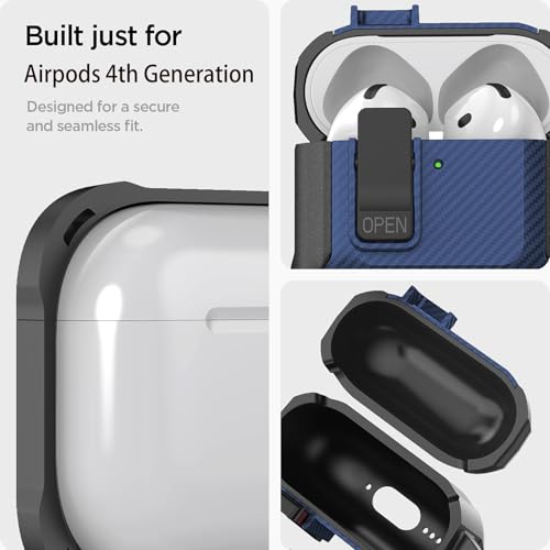 Image of Olytop for Airpods 4 Case with Lock Clip, Rugged Apple Airpods 4th Generation Cover 2024 Men Women, Armor Shockproof iPod 4 Gen Protective Hard Shell with Carabiner&Cleaner kit,Black /Blue