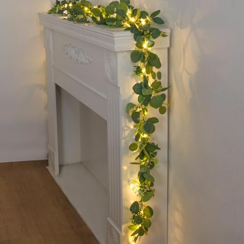 N&T NIETING Artificial Eucalyptus Garland, 2Pcs Greenery Vines Garland with LED light and White Flowers, 6Ft Fake Hanging Greenery Plant for Wedding Arch Backdrop Table Indoor Outdoor Home Decor