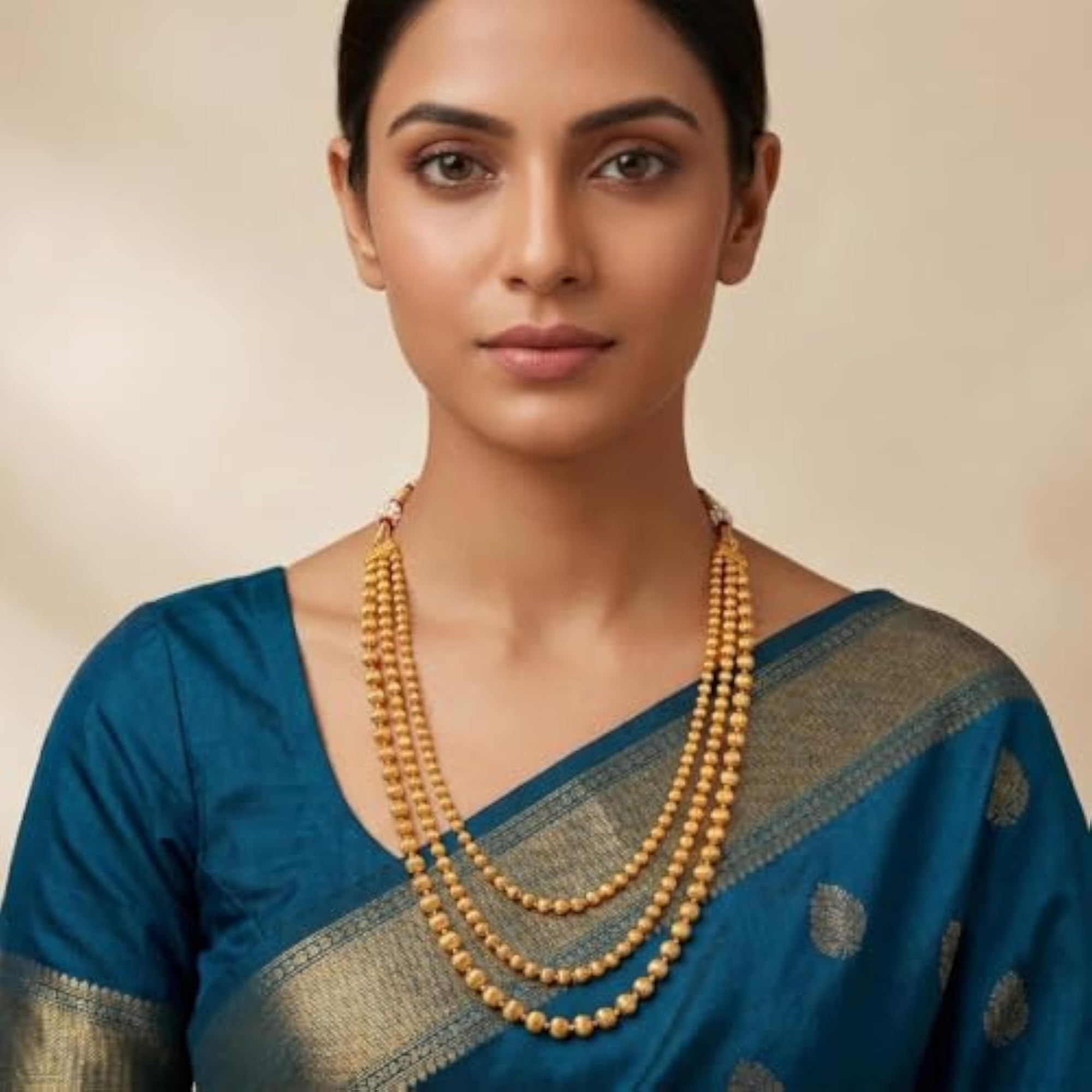 Women's Classic Gold Plated Multi Strand Gold Bead Necklace