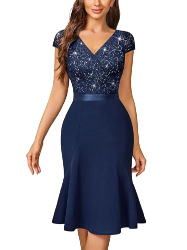 Image of Miusol Women's Elegant V Neck Sequin Glitter Lace Ruffle Style Cocktail Prom Dress