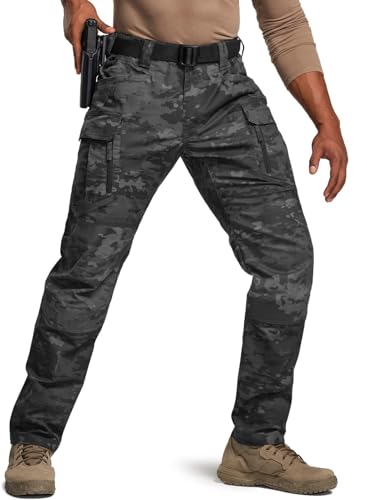 CQR Mens Flex Stretch Tactical Pants Water Resistant Ripstop Cargo Pants Lightweight EDC Outdoor Work Hiking Pants Intense Utility Camo Black 40W x 32L