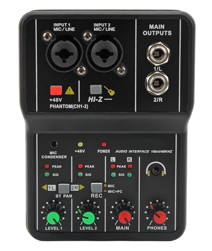 Mini table de mixage audio, système de console de carte son portable USB 2 canaux avec alimentation fantôme 48 V, table de mixage DJ 16 bits 48 kHz, pour...
