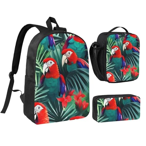 Tropical Flower Parrot print Backpack Bookbag for Daily Use,3 Pcs Backpack Set with Lunch Box and Pencil Case