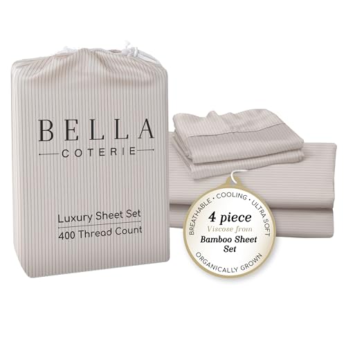 Image of Bella Coterie Luxury Bamboo Viscose Queen Size Sheet Set | 100% Organically Grown | Ultra Soft | Cooling for Hot Sleepers | 18 inch Deep Pocket [Striped Dune]