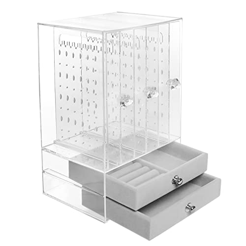 ABOUT SPACE Acrylic Earring Organizer Transparent Cosmetic Jewellery Box – 3 Layer Vertical Rack with Removable 2 Drawers for Rings,Necklaces,Jhumkas -Travel Jewelry Case for Women(L13x13WxH24.5 cm)