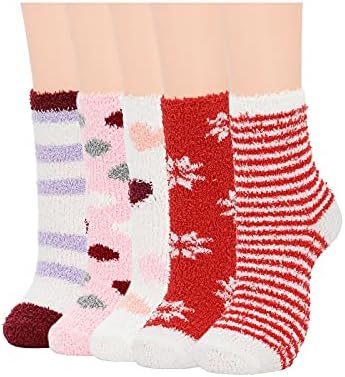 Fuzzy Warm Slipper Socks Women Super Soft Microfiber Cozy Sleeping Socks 6 or 5 Pairs 5 Pairs Red Snowflake