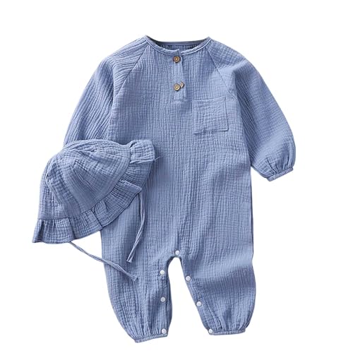 TYUSGH Mameluco de manga larga para bebé recién nacida, suave, lindo, con botones, con sombrero, para sesión de fotos, fiesta de baby shower, azul claro, 3-6 meses