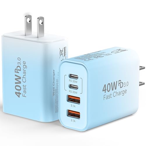 Image of Duloch USB C Wall Fast Charger Block, 40W 4-Port Type C Chargers Fast Charging Blocks for Phone 17 /16 /15 /14 /13 /12 Pro Max, Pad, Galaxy S24 /23-2Pack Gradient Blue