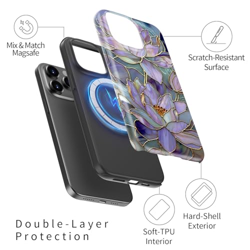 Image of Goodon for iPhone 15 Pro Case Cute - Wireless Charging Compatible - Dual-Layer Hard Shell + Silicone Cover - Protective Phone Case with Trendy Designs for Women - Abstract Lotus