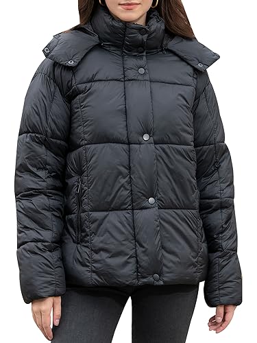 Women's Quilted Puffer Jacket Long Sleeve Full Zipper Winter Warm Padded Bubble Coat with Detachable Hood
