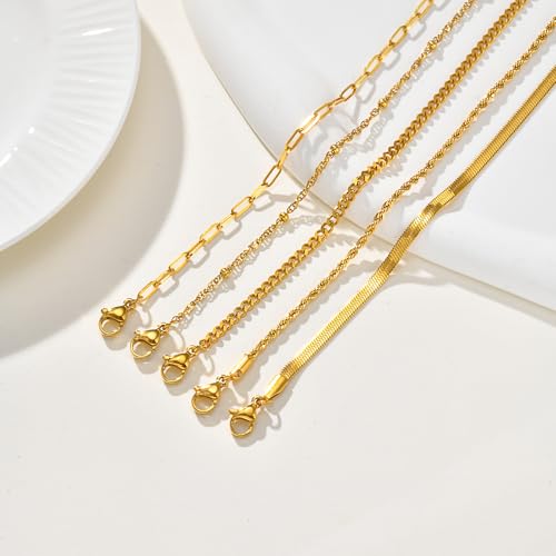 Image of KSF Gold Anklets for Women Waterproof - 18k Gold Plated Ankle Bracelets for Women, 5PCS Anklet Set Cuban Herringbone Figaro Link Chain Anklets for Women Summer Beach Jewelry Gift Adjustable Size