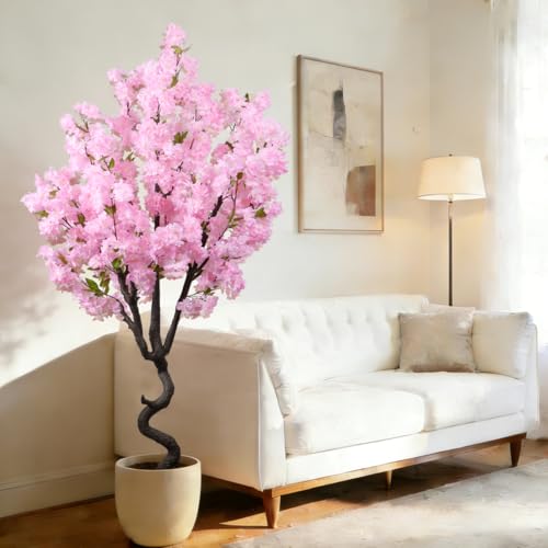 Image of BINCUE Artificial Pink Cherry Blossom Tree Fake Tree Cherry Blossom Decor Fake Flowers Faux Flowering Tree Pink Flowers Floral Artificial Plants for Indoors Outdoors Room Home Decor Gift 6FT