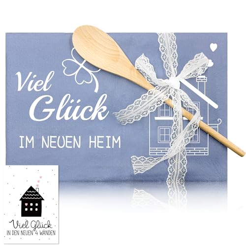 Sranin Geschenk zum Einzug – Geschirrtuch mit Holz-Kochlöffel, Grußkarte & Dekoband – Neues Zuhause, Wohnung & Umzug Geschenkidee (B)