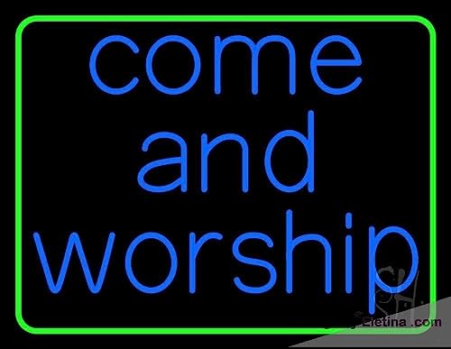 Neon Light Signs Blue Come And Worship Green Border Led Sign Black Square Cut Acrylic Backing, With Dimmer - Premium Built Indoor Sign For Home DcorPVC 14"x17"
