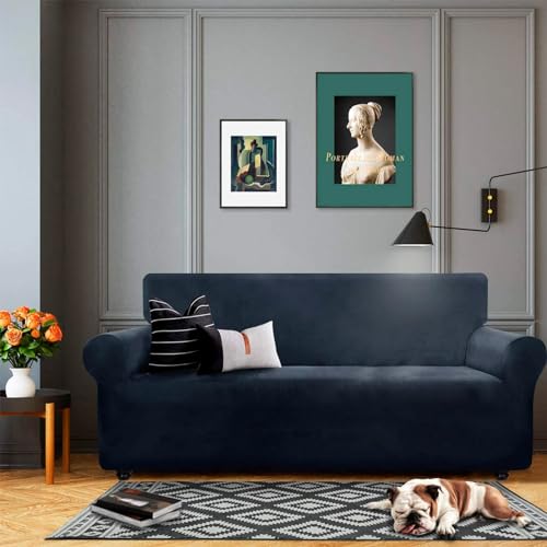 XINEAGE 1 Piece Velvet Chair Slipcovers for Living Room High Stretch Chair Covers with Arms Anti Slip Pets Friendly Couch Sofa Armchair Cover Furniture Protector (1 Seater, Navy) - Image 2