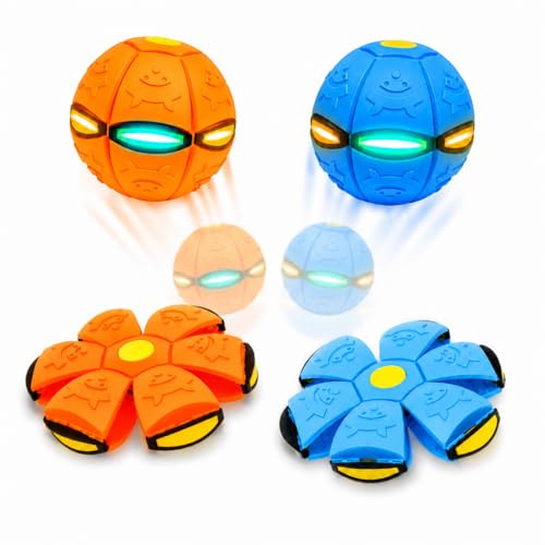 2 Pack Magic Transforming Pop-Up Ball with 6 LED Lights 2-in-1 Flying Disc and Bouncy Ball Toy Glow in the Dark Outdoor Game Light Up Toss and Catch Sports Toy for Kids Party & Birthday Favors