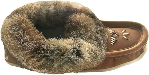 Laurentian Chief Moccasin Slippers for Women – Ladies Durable Slippers with Real Rabbit Fur Trim and Thick Fleece Lining – Canada Quality Beaded Style Warmie Shoes for Indoor & Outdoor Use4