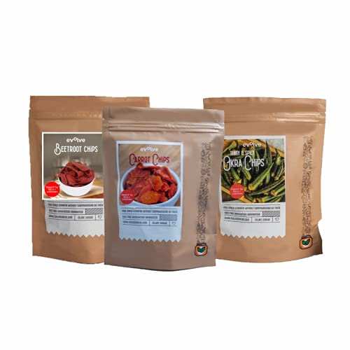 Evolve Hamper, Vegetable Chips Pack of 3 Combo | Beetroot chips 100gm | Carrot chips 30gm| Tangy & Spicy Okra chips