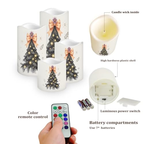 Image of Christmas Electric Flameless Candles Set of 4 | Christmas Tree Pattern, Flameless Candle Set with Timer, Battery Operated, Fake Candles for Living Room, Table Centerpieces
